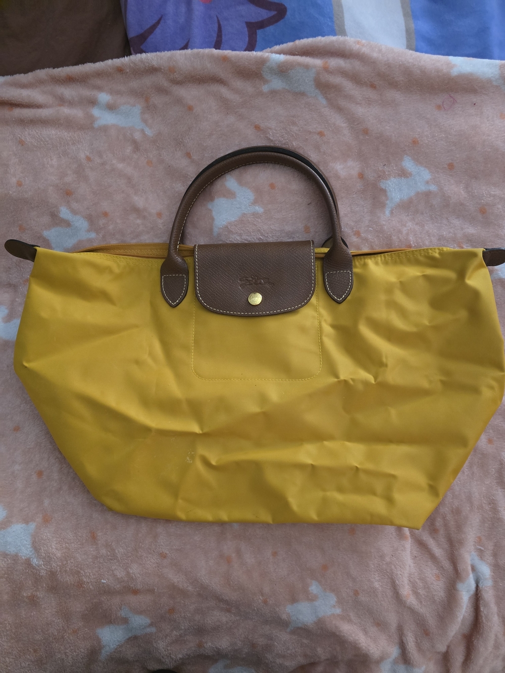 Longchamp Yellow Nylon Tote with Brown Leather Trim